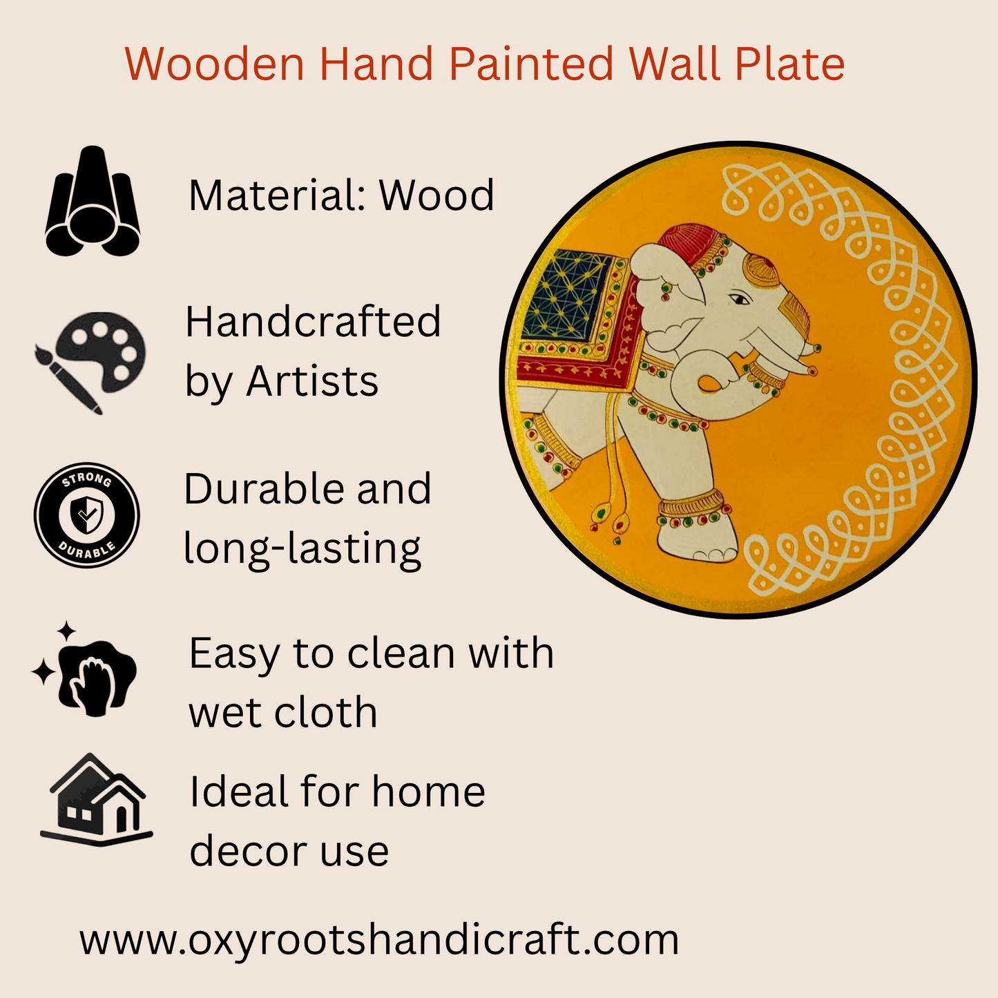 Hand Painted Pichwai Wooden Wall Plate-Elephant