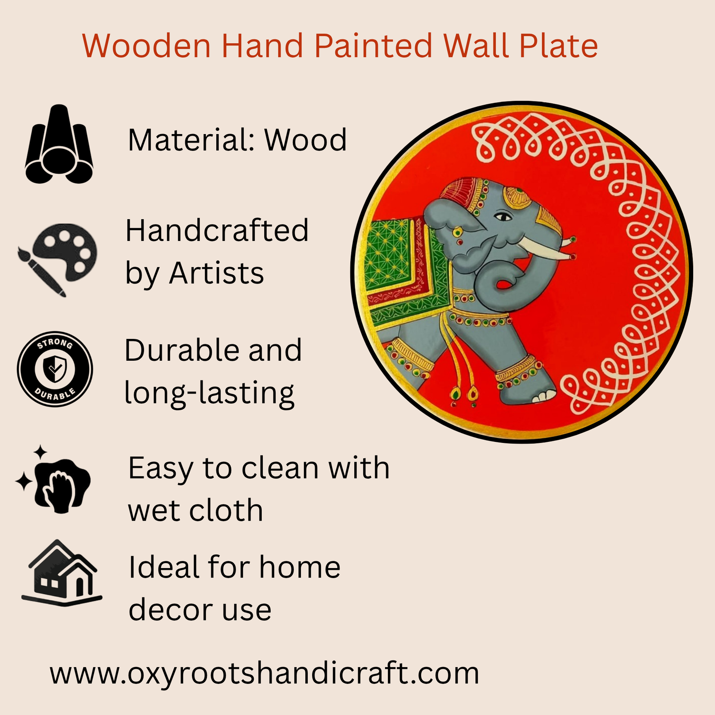 Hand Painted Pichwai Wooden Wall Plate-Elephant