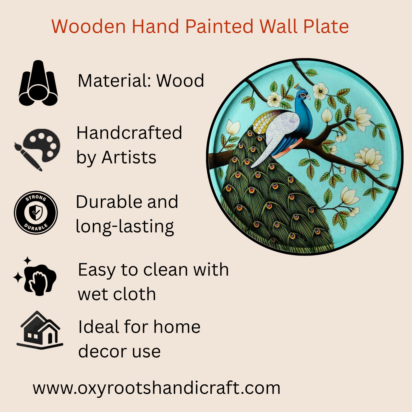 Wooden Hand-Painted Peacock Decorative Plate