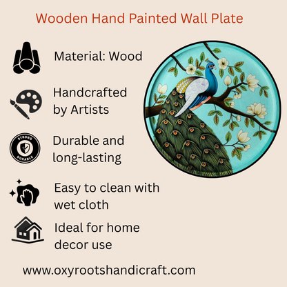 Wooden Hand-Painted Peacock Decorative Plate
