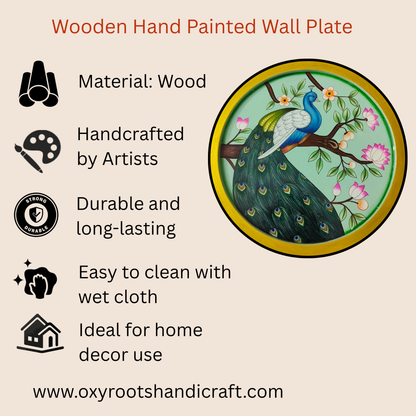 Hand-Painted Wooden Wall Plate-Regal Peacock Design
