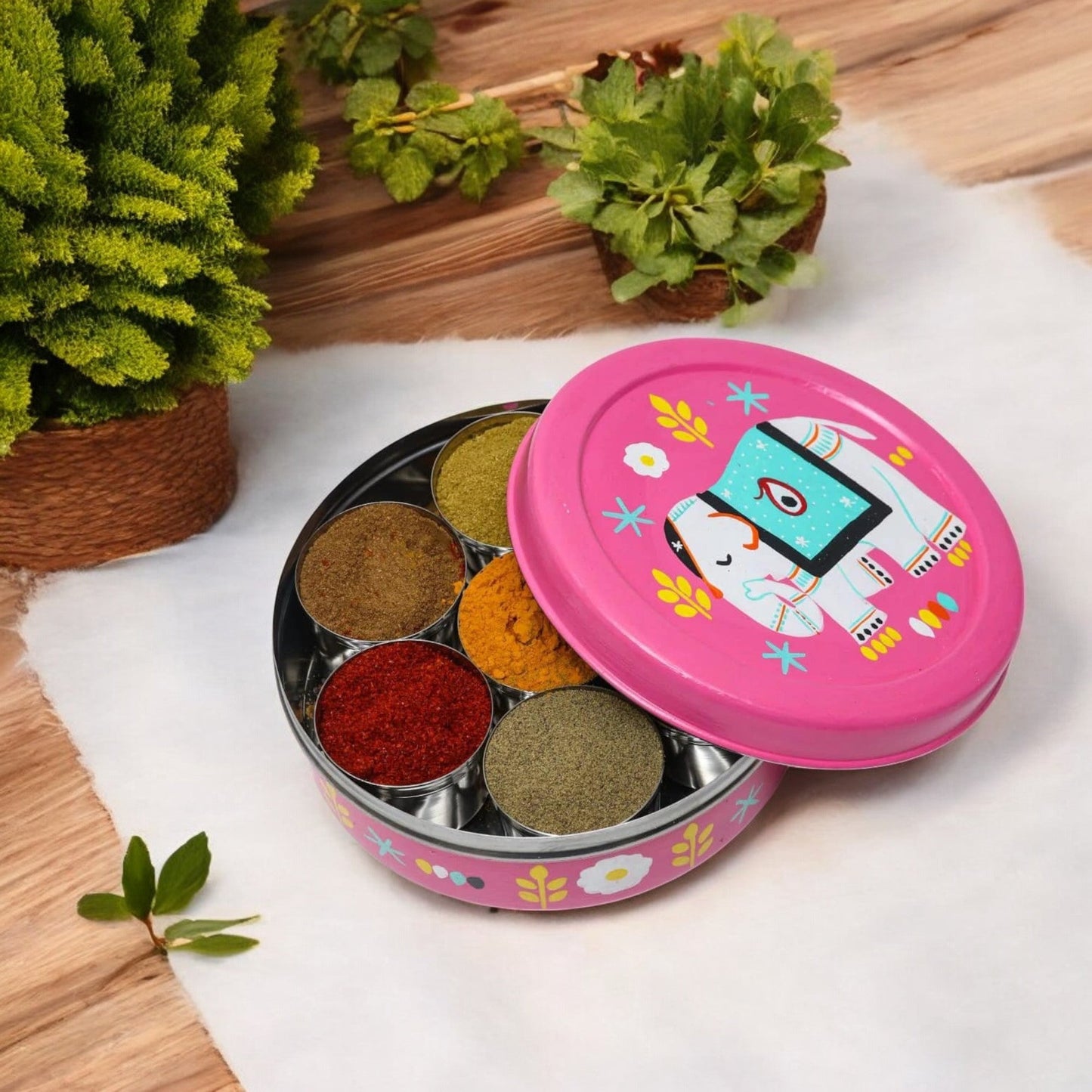 Hand Painted elephant print Spice Box With 7 Compartments-
