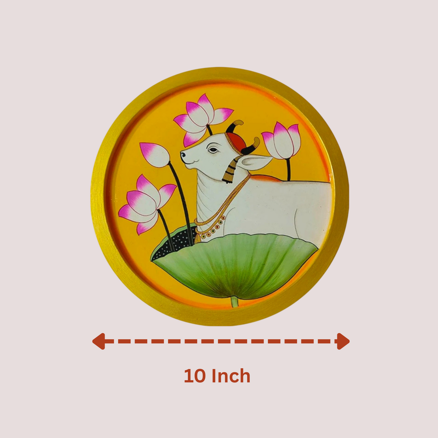 Hand-Painted Wooden Plate Cow in Lotus Pond Round Decor