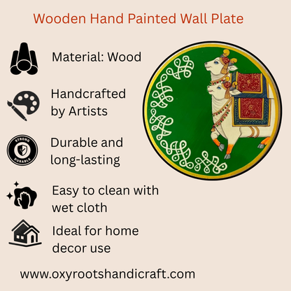 Wooden hand-painted wall plate with decorative design, listed features, and website URL on a beige background.