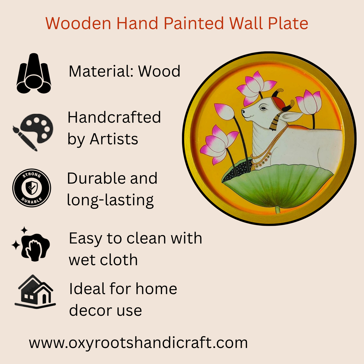 Divine Cow & Lotus Hand-Painted Wooden Wall Plate