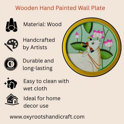 Wooden Round Plate With Divine Cow Artwork