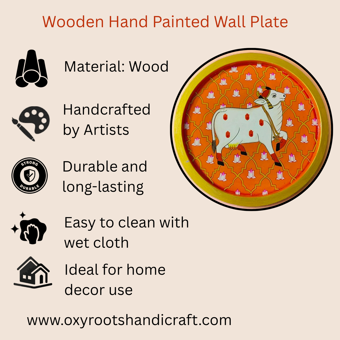 Hand-Painted Cow & Lotus Round Wood Wall Decor