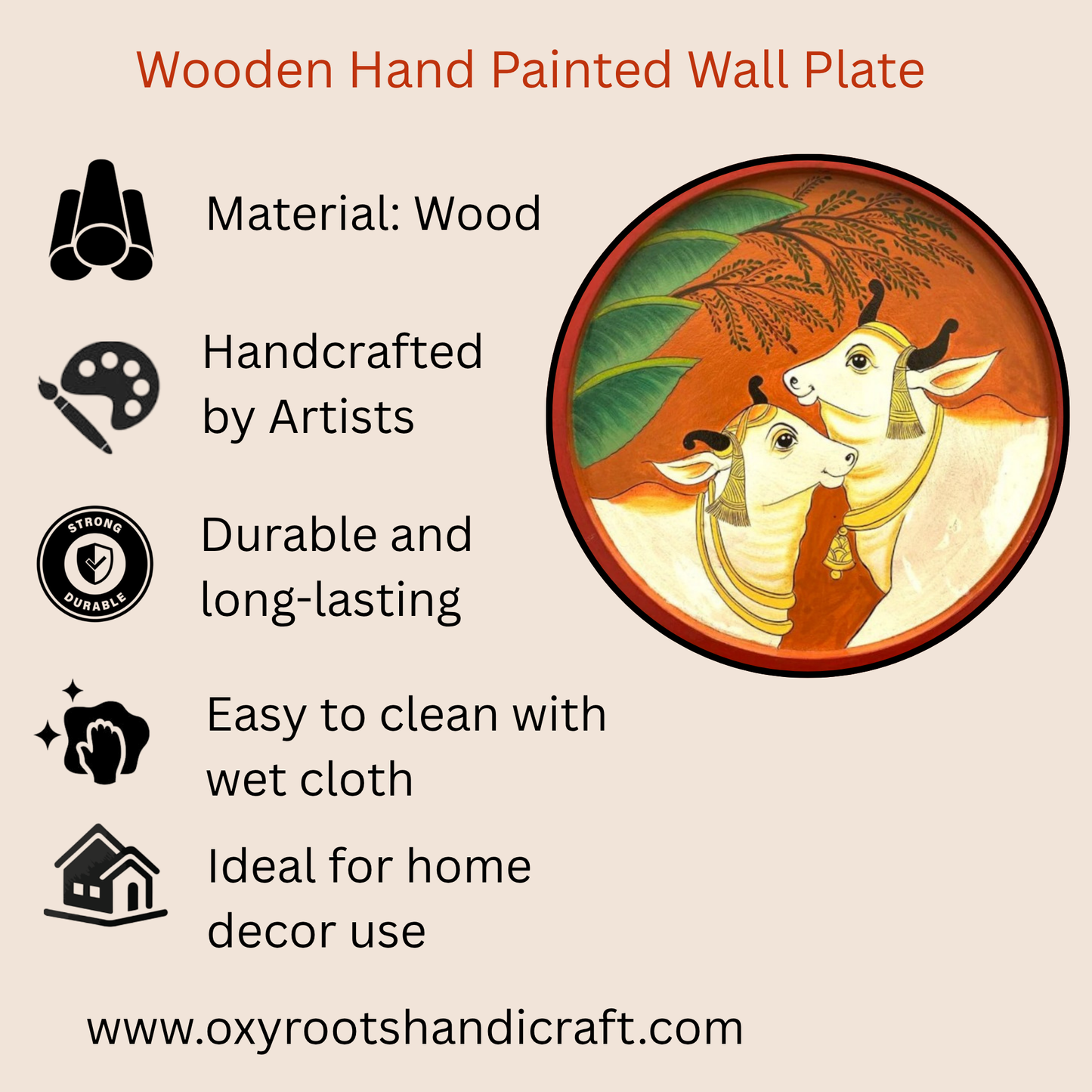 Hand Painted Wooden Round Plates Wall Cow Design