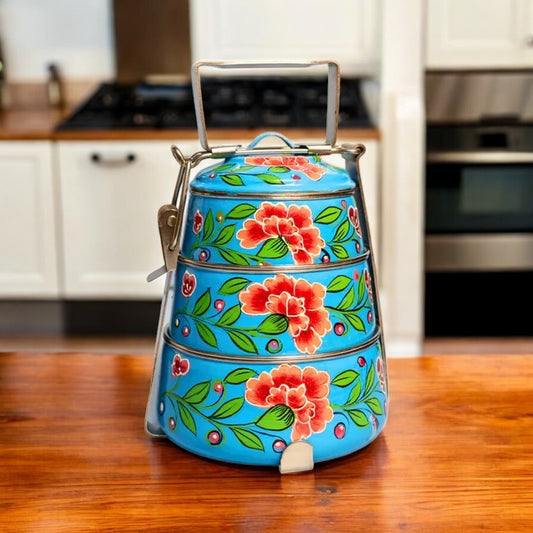 Hand Painted 3 Tier Steel Tiffin Box -Blue