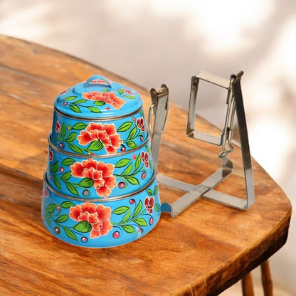 Hand Painted 3 Tier Steel Tiffin Box -Blue