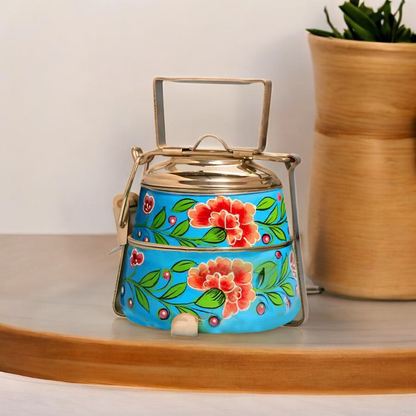 Hand Painted 3 Tier Steel Tiffin Box -Blue