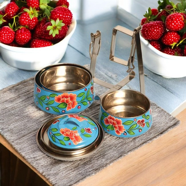 Hand Painted 3 Tier Steel Tiffin Box -Blue