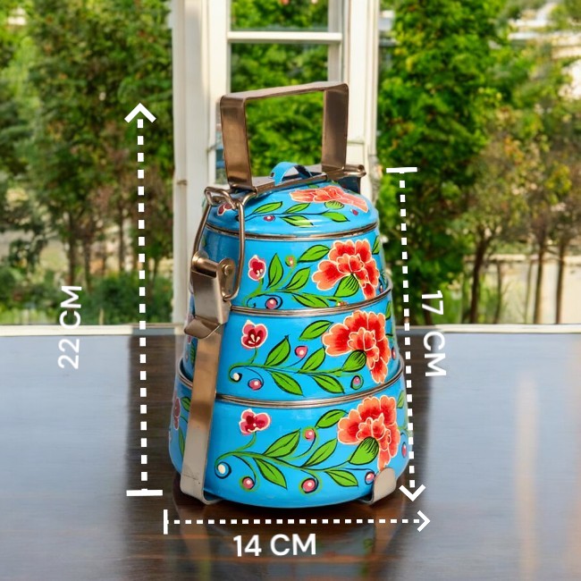 Hand Painted 3 Tier Steel Tiffin Box -Blue