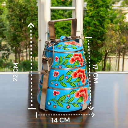 Hand Painted 3 Tier Steel Tiffin Box -Blue