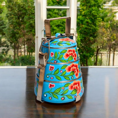 Hand Painted 3 Tier Steel Tiffin Box -Blue