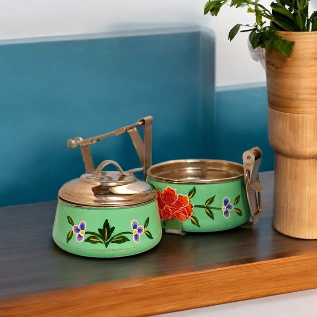 Hand Painted 2 Tier Steel tiffin Box -Green