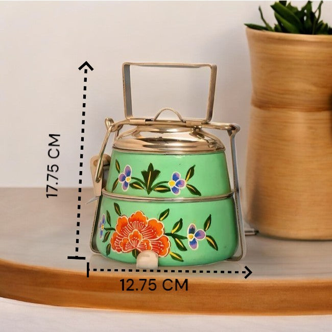 Hand Painted 2 Tier Steel tiffin Box -Green