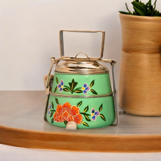 Hand Painted 2 Tier Steel tiffin Box -Green