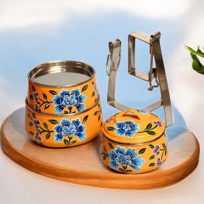 Hand Painted 3 Tier Steel Tiffin Box -Orange