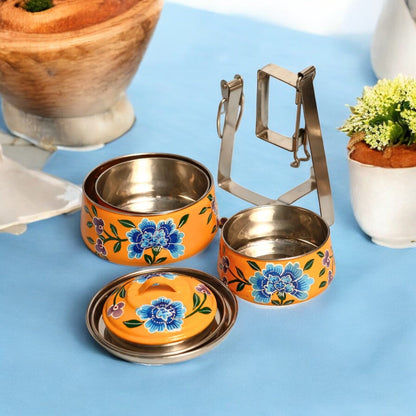 Hand Painted 3 Tier Steel Tiffin Box -Orange