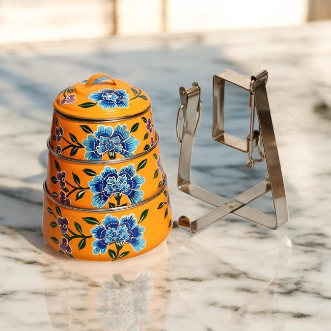 Hand Painted 3 Tier Steel Tiffin Box -Orange