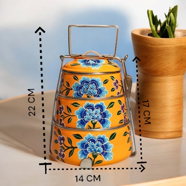 Hand Painted 3 Tier Steel Tiffin Box -Orange