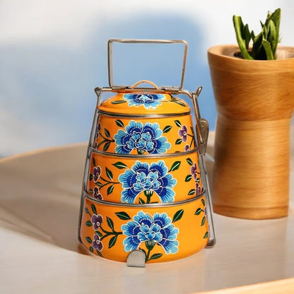 Hand Painted 3 Tier Steel Tiffin Box -Orange