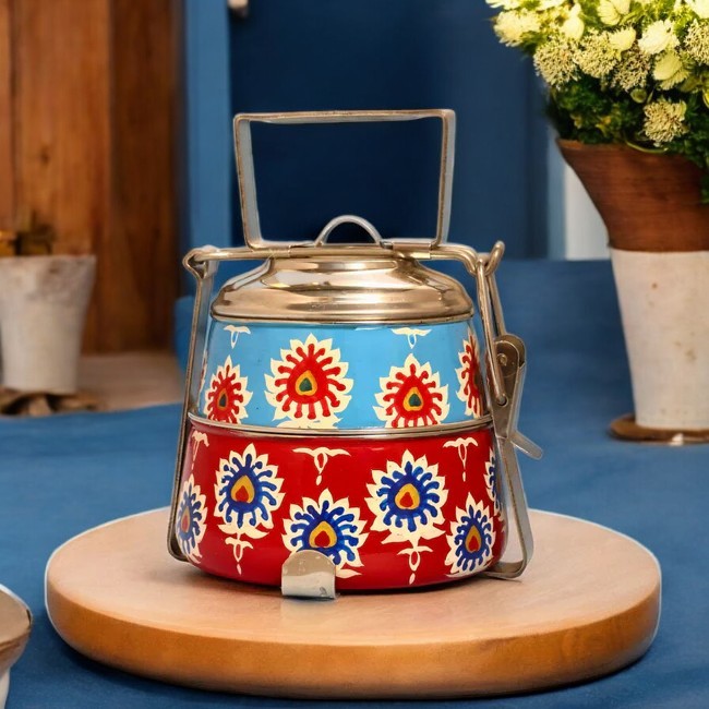 Hand Painted 2 Tier Steel tiffin Box -Red Blue