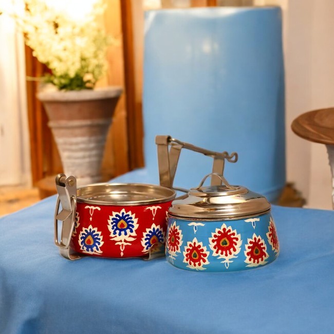 Hand Painted 2 Tier Steel tiffin Box -Red Blue