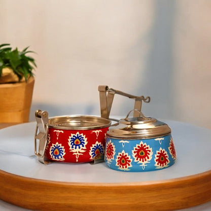 Hand Painted 2 Tier Steel tiffin Box -Red Blue