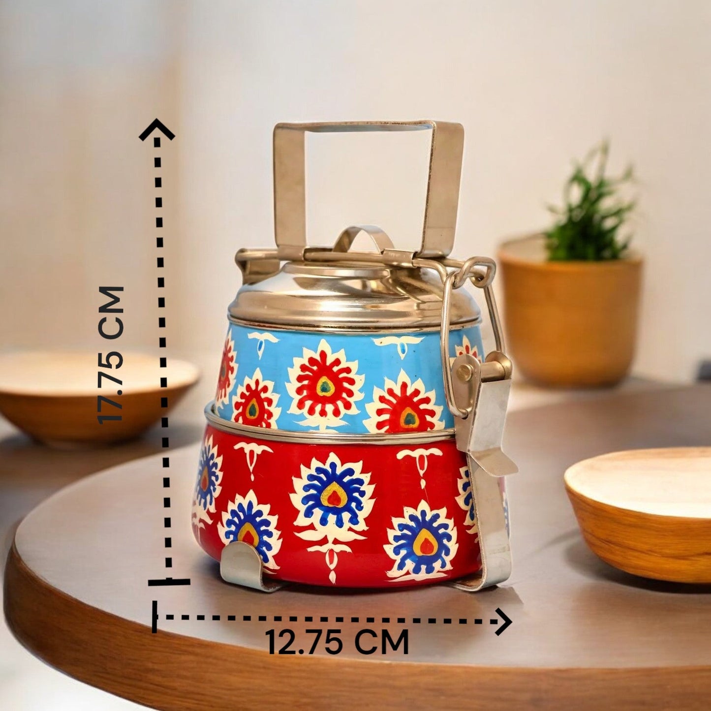 Hand Painted 2 Tier Steel tiffin Box -Red Blue