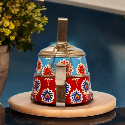 Hand Painted 2 Tier Steel tiffin Box -Red Blue