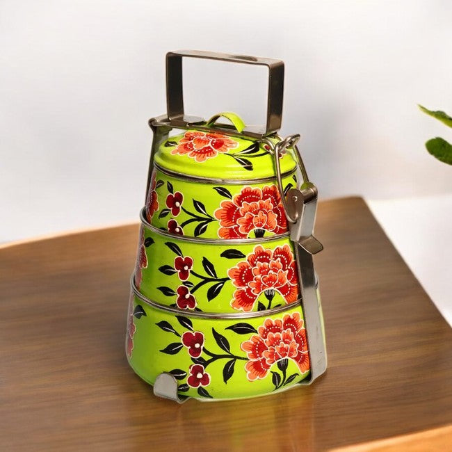 Hand Painted 3 Tier Steel Tiffin Box -Green