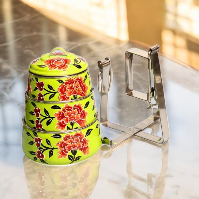 Hand Painted 3 Tier Steel Tiffin Box -Green
