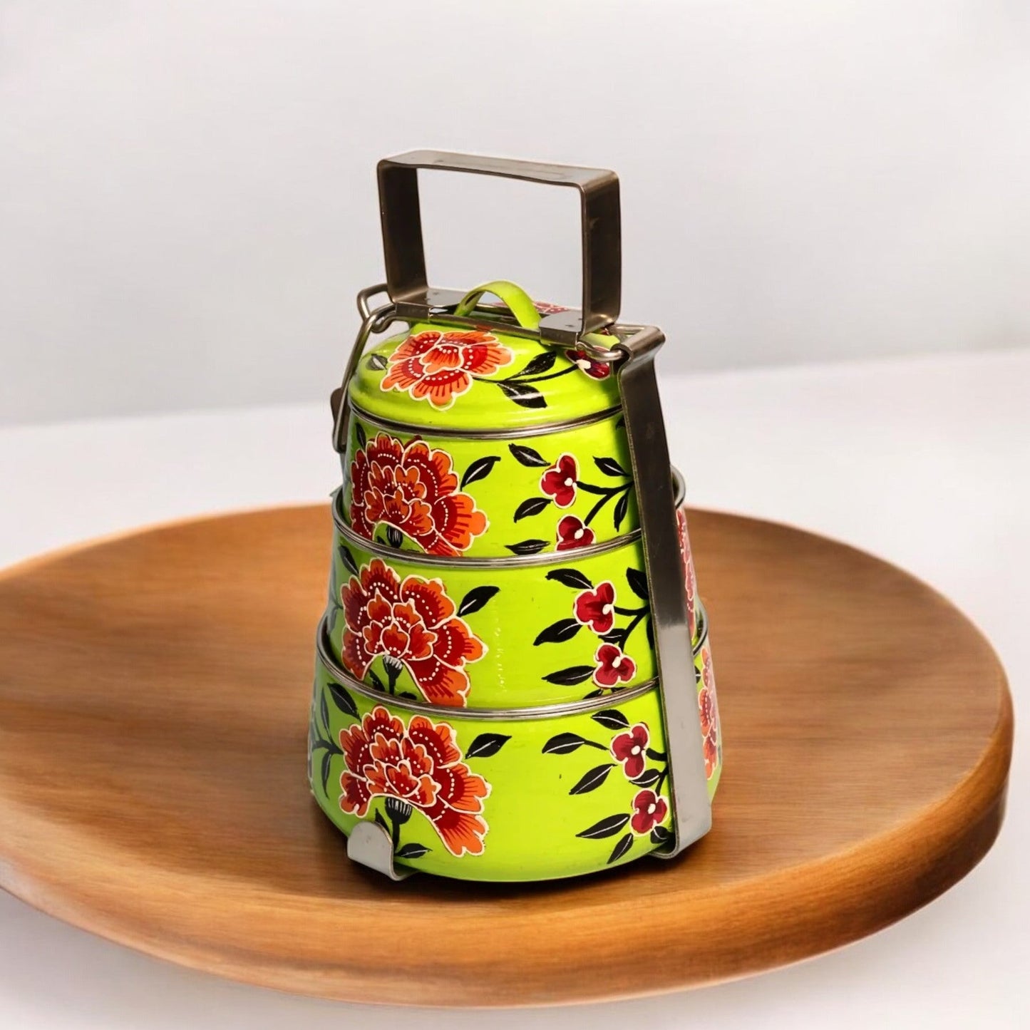 Hand Painted 3 Tier Steel Tiffin Box -Green