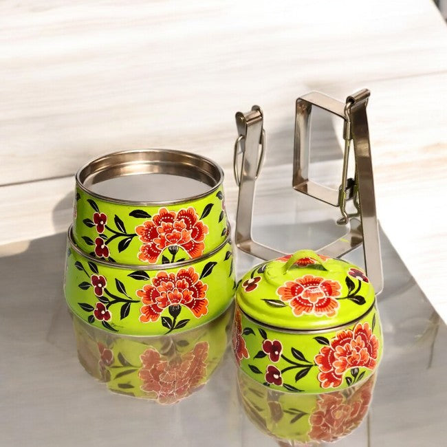 Hand Painted 3 Tier Steel Tiffin Box -Green