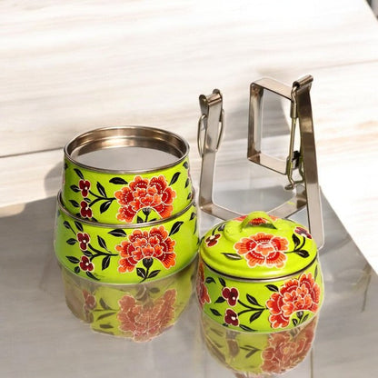 Hand Painted 3 Tier Steel Tiffin Box -Green