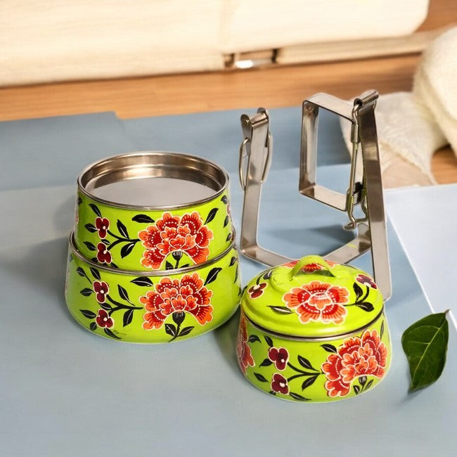 Hand Painted 3 Tier Steel Tiffin Box -Green