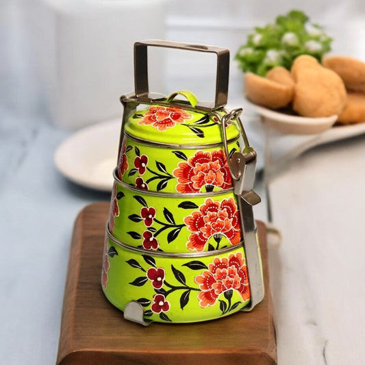 Hand Painted 3 Tier Steel Tiffin Box -Green