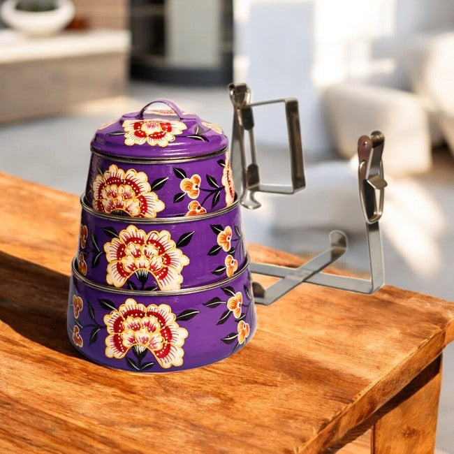 Hand Painted 3 Tier Steel tiffin Box -purple