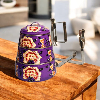 Hand Painted 3 Tier Steel tiffin Box -purple
