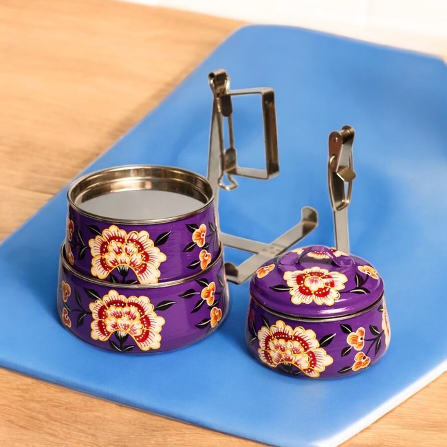 Hand Painted 3 Tier Steel tiffin Box -purple