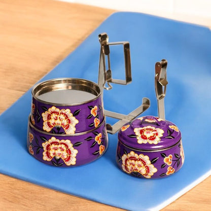 Hand Painted 3 Tier Steel tiffin Box -purple