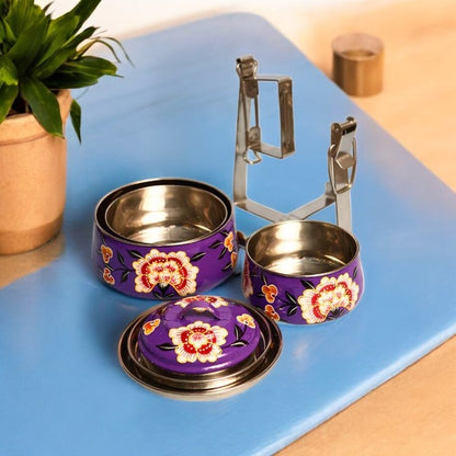 Hand Painted 3 Tier Steel tiffin Box -purple