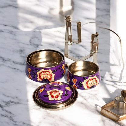 Hand Painted 3 Tier Steel tiffin Box -purple