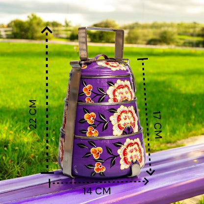 Hand Painted 3 Tier Steel tiffin Box -purple