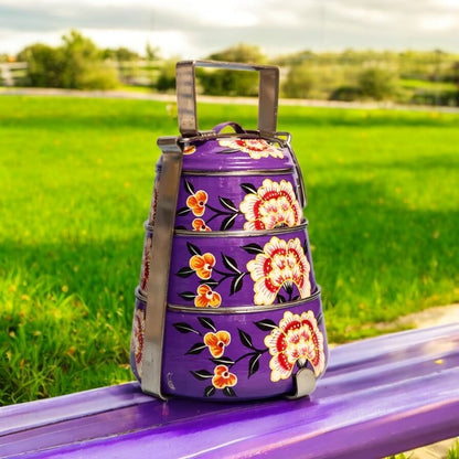 Hand Painted 3 Tier Steel tiffin Box -purple