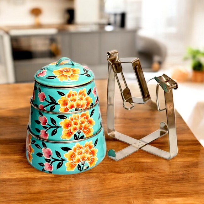 Hand Painted 3 Tier Steel Tiffin Box -Sky Blue