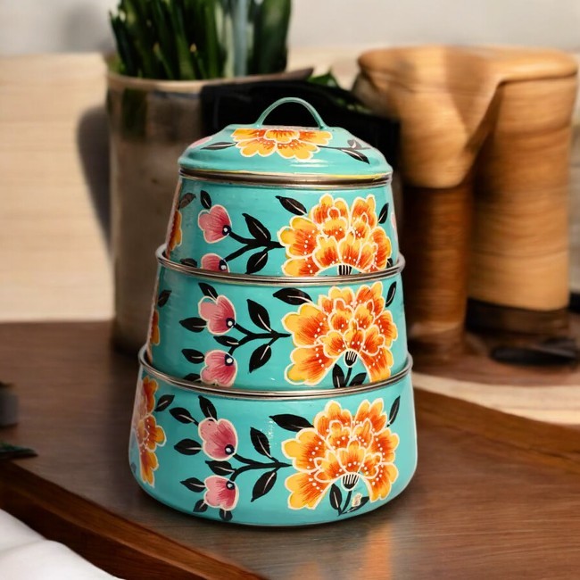 Hand Painted 3 Tier Steel Tiffin Box -Sky Blue