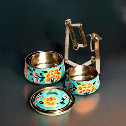 Hand Painted 3 Tier Steel Tiffin Box -Sky Blue